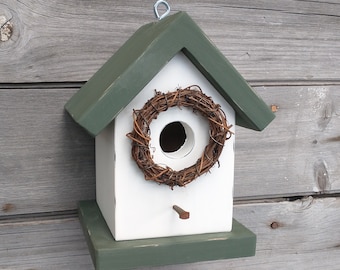 Rustic Birdhouse Outdoor solid wood birdhouse for Chickadees, Wrens and Finches.  Farmhouse Green and White.