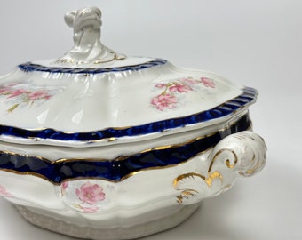 Antieke cabines staffordshireterrine, bloemen semi-porselein, Engeland, jaren 1890