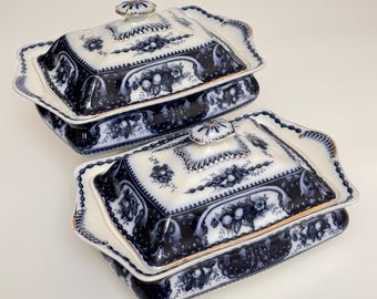 Zwei antike 1900er handbemalte Turrens / Gemüseteller / Flow Blue / Keramik