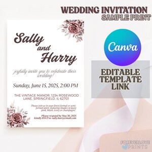 Editable Dusty Pink Floral Wedding Invitation Template | 5x7 Canva Editable Template | Instant Access, Wedding Invite, Minimalist Invitation
