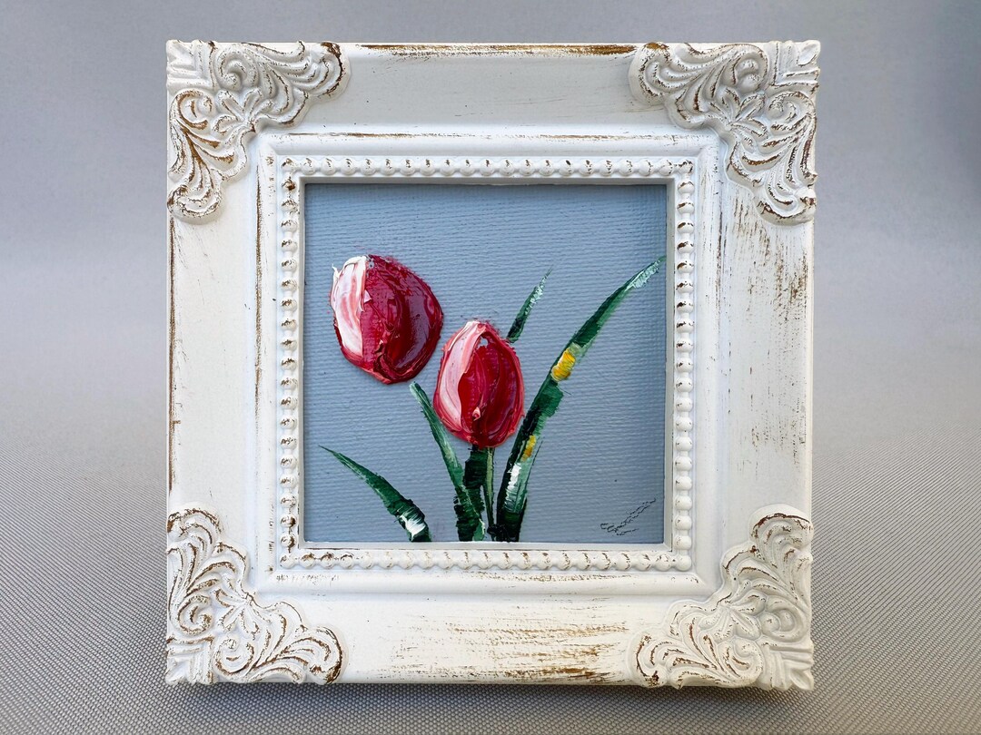 Original Impasto Red Tulips Oil Painting - Framed Floral Still Life 3x3 ...
