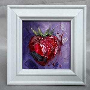 Framed Strawberry Mini Oil Painting: Original Kitchen Wall Art #A43
