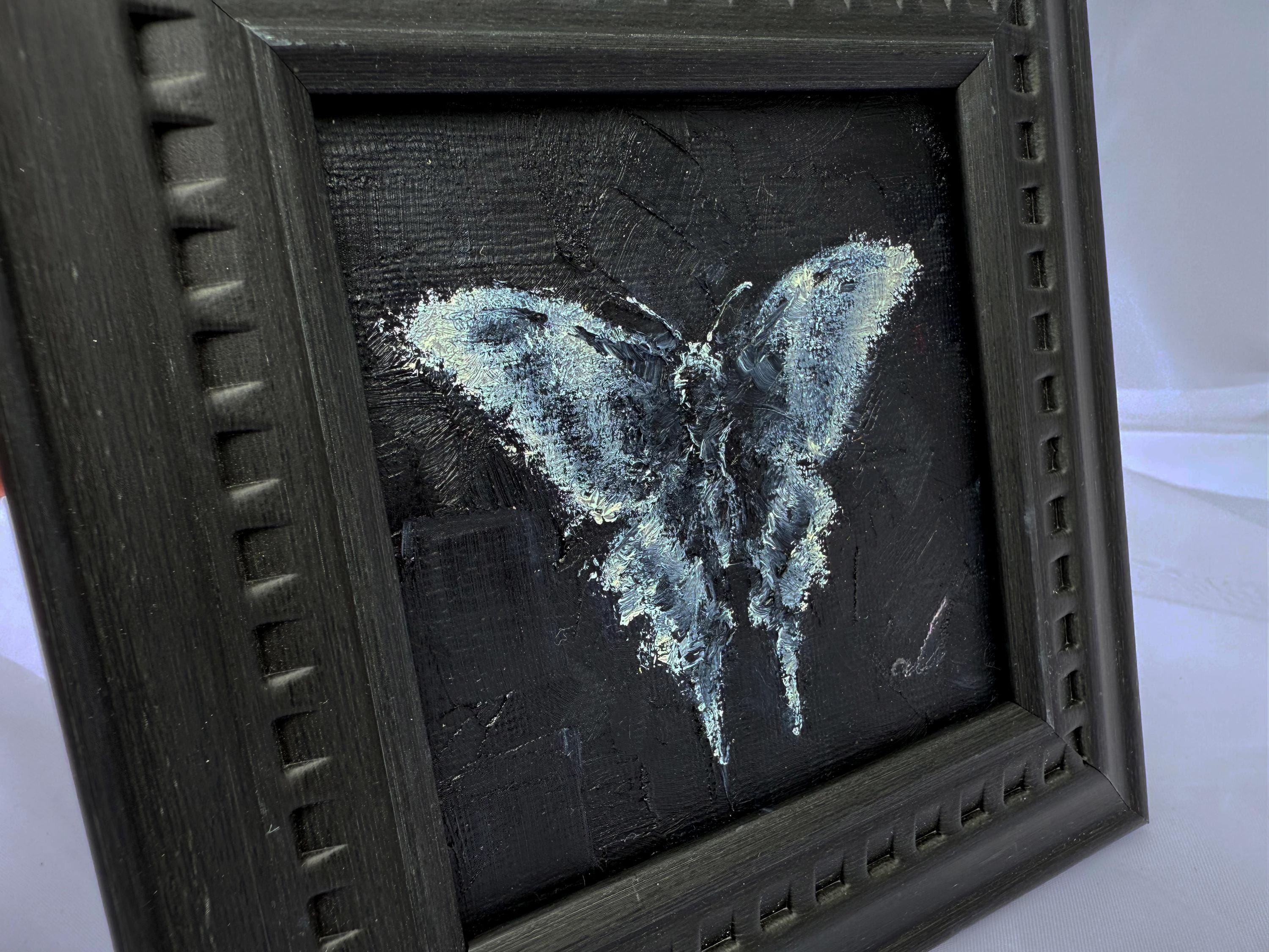 額入り蛾の油絵：小さな白黒キャンバスアート #A31 - Etsy 日本