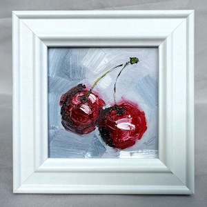 Framed Mini Cherry Oil Painting: Original Kitchen Wall Art #A44