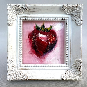 Original Strawberry Oil Painting: Small Fruit Still Life, Framed Kitchen Decor #B06