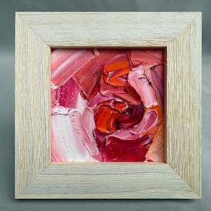 Pintura al óleo original enmarcada de 4 x 4 pulgadas, diseño floral rosa y naranja, abstracta, pequeña, para pared, textura gruesa, naturaleza, pieza única #A49