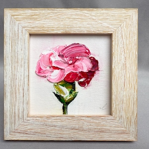 額入り花の油絵：小さな赤とピンクの花、青空、4x4インチキャンバス