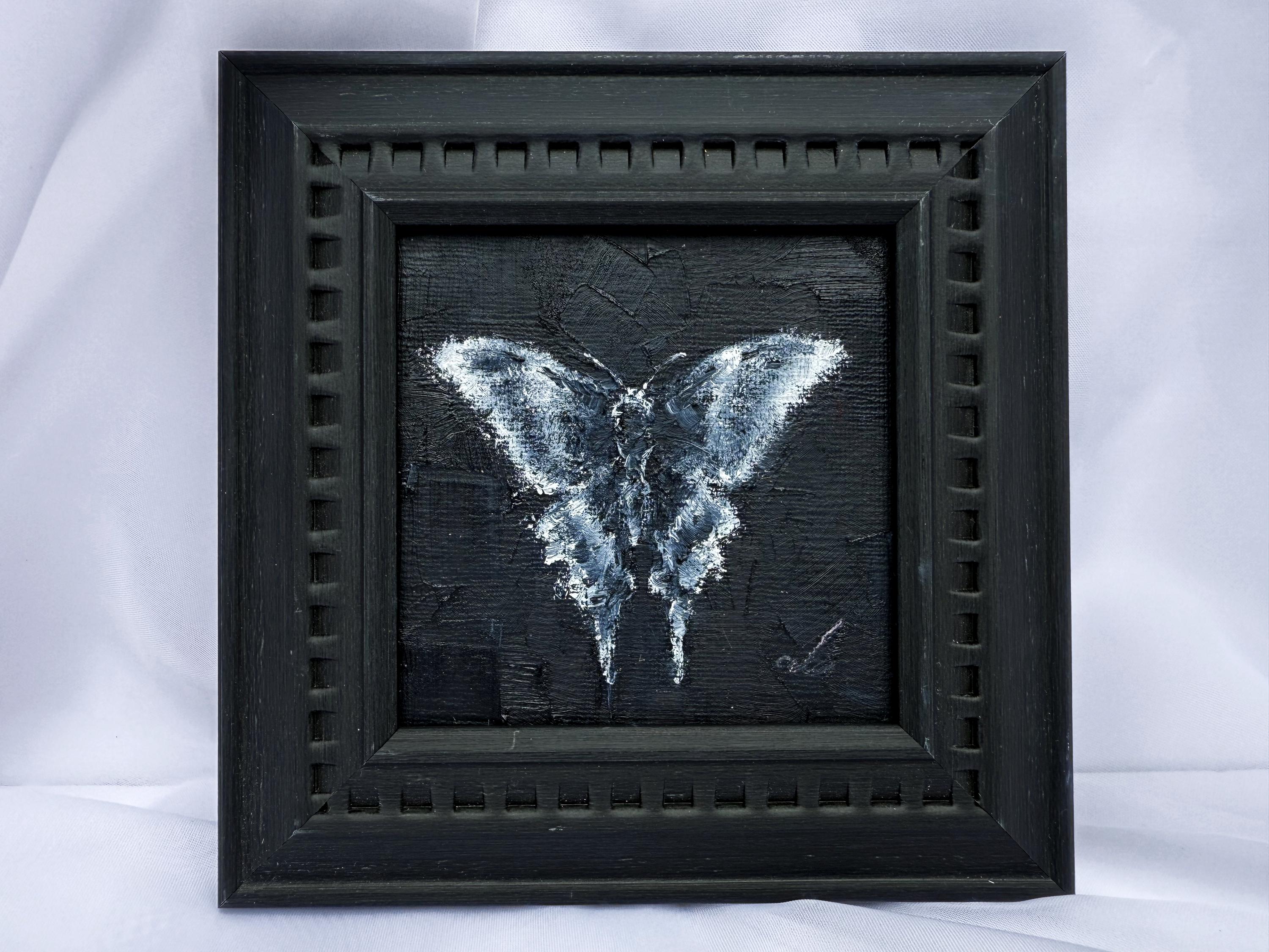 油絵　蛾 額入り蛾の油絵：小さな白黒キャンバスアート #A31 - Etsy 日本