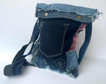 Boro Patched Denim Crossbody Bag: Upcycled Handmade Purse