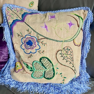 Vintage crewel work embroidered cushion cover 18x20 inches