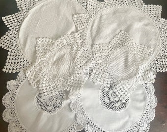 six vintage lace edged doilies