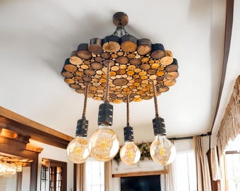 Handmade Live Edge Wood Chandelier: Rustic Farmhouse Pendant Light