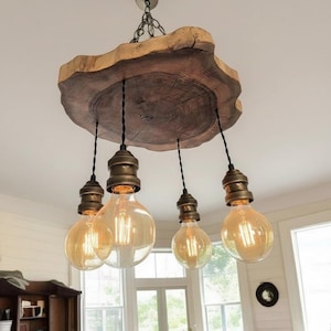 Rustic Wood Chandelier,Round Farmhouse Hanging Light Fixture,Chandelier For Dinign Room, Unique Ceiling Light For Dining Table and Kitchen