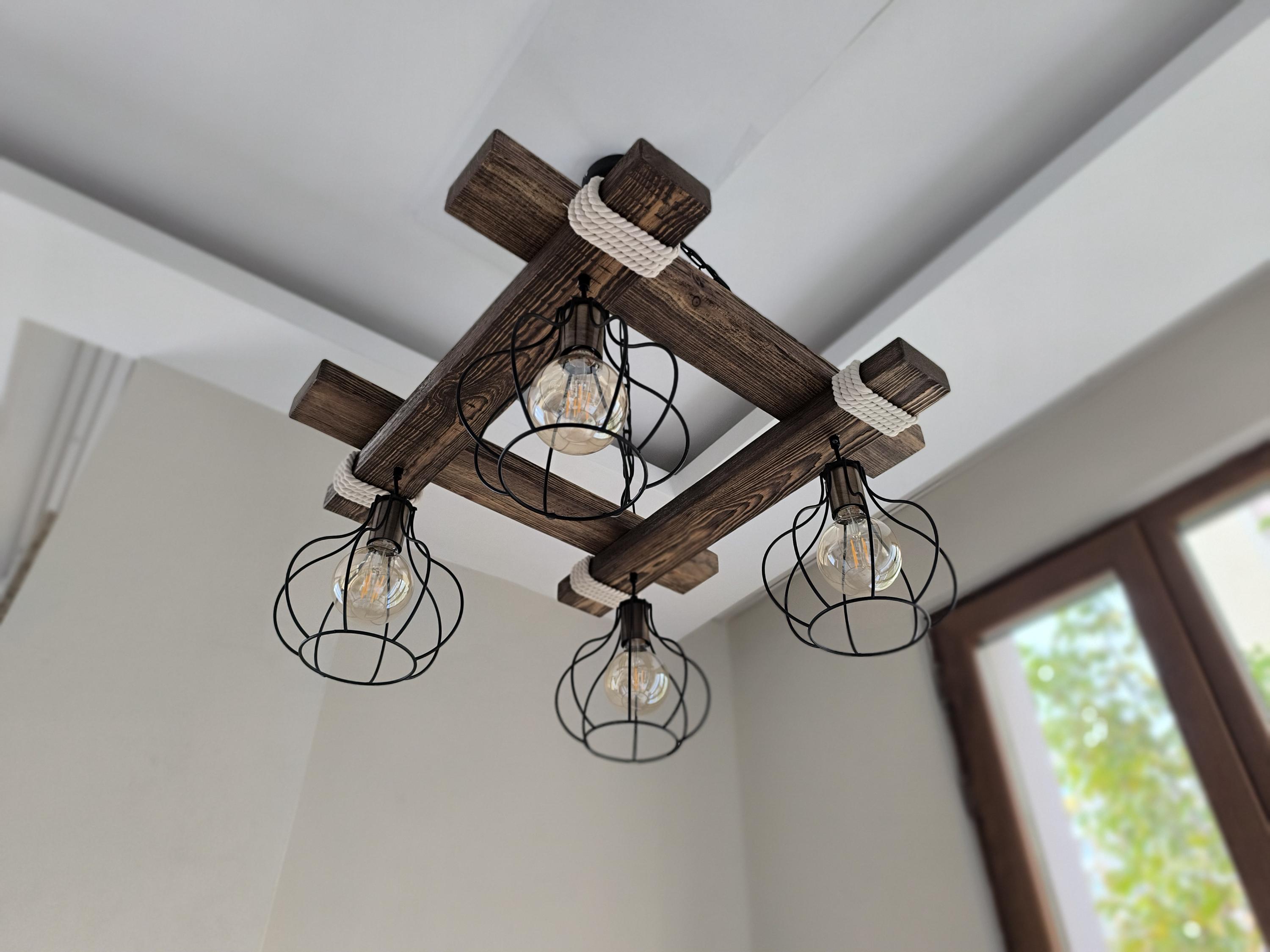 Wooden Farmhouse Chandelier, Rustic Ceiling Light, Rope Pendant Light ...