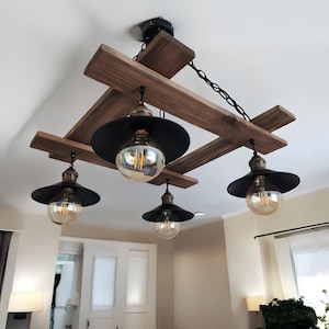 Rustic Round Wooden Chandelier – Handmade Farmhouse Pendant Light for Living Room or Hallway