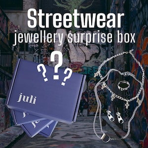 Streetwear surprise jewellery mystery box, blind box, curated style bundle, 4 x personalised mix of earring, necklace, bracelet and rings