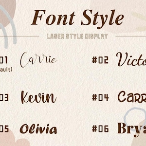May include: A font style display chart featuring the text Font Style and LASER STYLE DISPLAY at the top. It lists six numbered options with names: #01 Carrie, #02 Victor, #03 Kevin, #04 Carrie, #05 Olivia, and #06 Bryan, each in a distinct typeface.