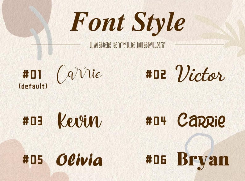 May include: A font style display chart featuring the text Font Style and LASER STYLE DISPLAY at the top. It lists six numbered options with names: #01 Carrie, #02 Victor, #03 Kevin, #04 Carrie, #05 Olivia, and #06 Bryan, each in a distinct typeface.