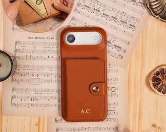 Personalized Leather iPhone Case with Embossed Leather Initials, Card Slot, Cosmetic Mirror, Gift for Friends