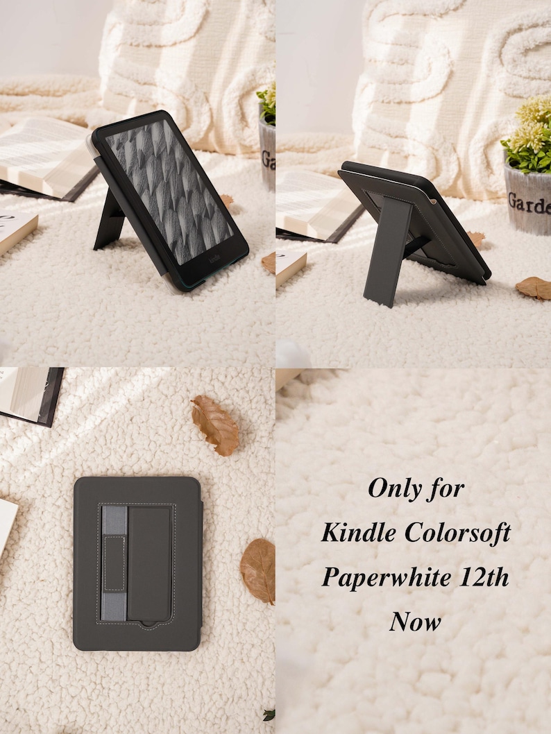 May include: A black protective case for a Kindle Colorsoft Paperwhite 12th Gen, featuring a built-in foldable stand on the back for upright viewing. The case has a smooth finish and includes a gray elastic hand strap. Text reads: Only for Kindle Colorsoft Paperwhite 12th Now.