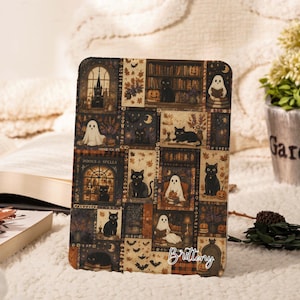 Kindle-Hülle mit Geisterkatzenmotiv, Kindle-Hülle der 12. Generation mit Tragegurt und Ständer, Kindle Colorsoft, Kindle Oasis, Retro-Buchshop-Geschenk für Leseratten