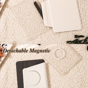 May include: A clear tablet case with a white detachable cover and strap, featuring the text Detachable+Strap. A second view shows a clear tablet case with a white magnetic attachment and the text Detachable Magnetic, alongside a dark gray case.