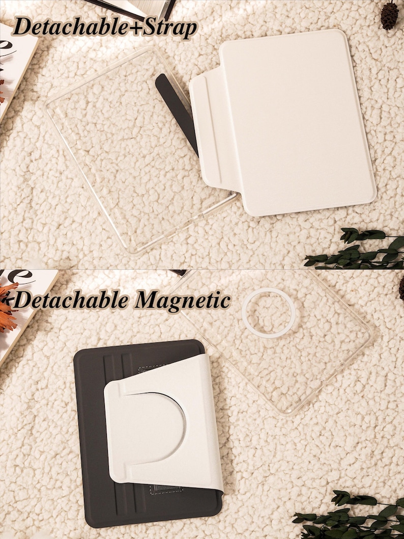 May include: A clear tablet case with a white detachable cover and strap, featuring the text Detachable+Strap. A second view shows a clear tablet case with a white magnetic attachment and the text Detachable Magnetic, alongside a dark gray case.
