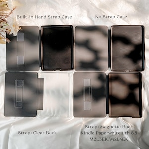 May include: Four e-reader cases displayed in a grid. Top left: Built-in Hand Strap Case. Top right: No Strap Case. Bottom left: Strap+Clear Back. Bottom right: Strap+Magnetic Back Kindle Paperwhite 11th 6.8 M2L3EK/M2L4EK. Each case features a dark interior.