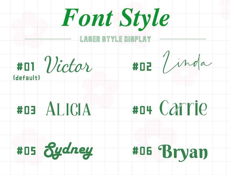 May include: A grid of six different font styles for names, labeled #01 through #06. The text "Font Style" is at the top of the image, with the text "LASER STYLE DISPLAY" below it. The names are Victor, Linda, Alicia, Carrie, Sydney, and Bryan.