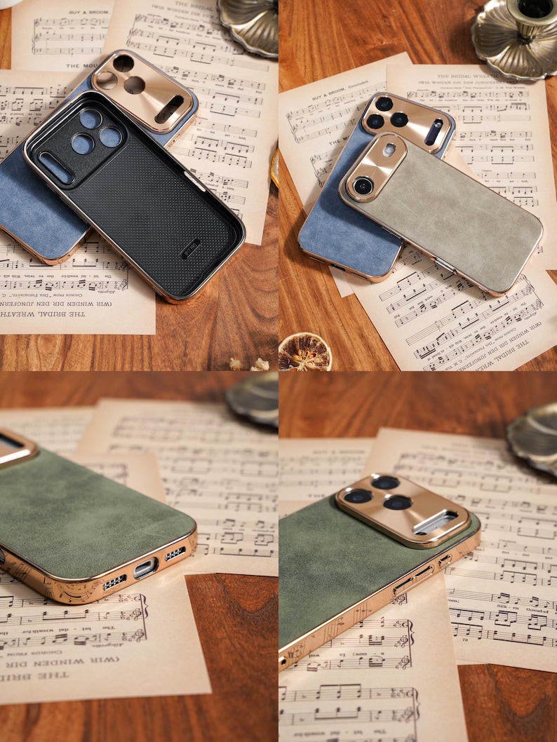 Op de afbeelding: Smartphonehoesjes in verschillende kleuren, waaronder blauw, grijs en groen. De hoesjes hebben goudkleurige accenten en een textuurafwerking. Ze worden gepresenteerd op een achtergrond van vintage bladmuziek.