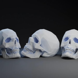 May include: Three white, geometrically shaped skulls, each with a different angle, are arranged in a row on a black background.