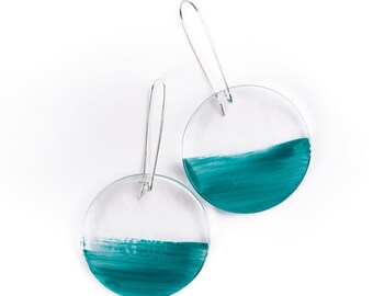 Teal Swish Full Moon Glass earrings, sterling silver wire, teal enamel on crystal clear glass, modern design