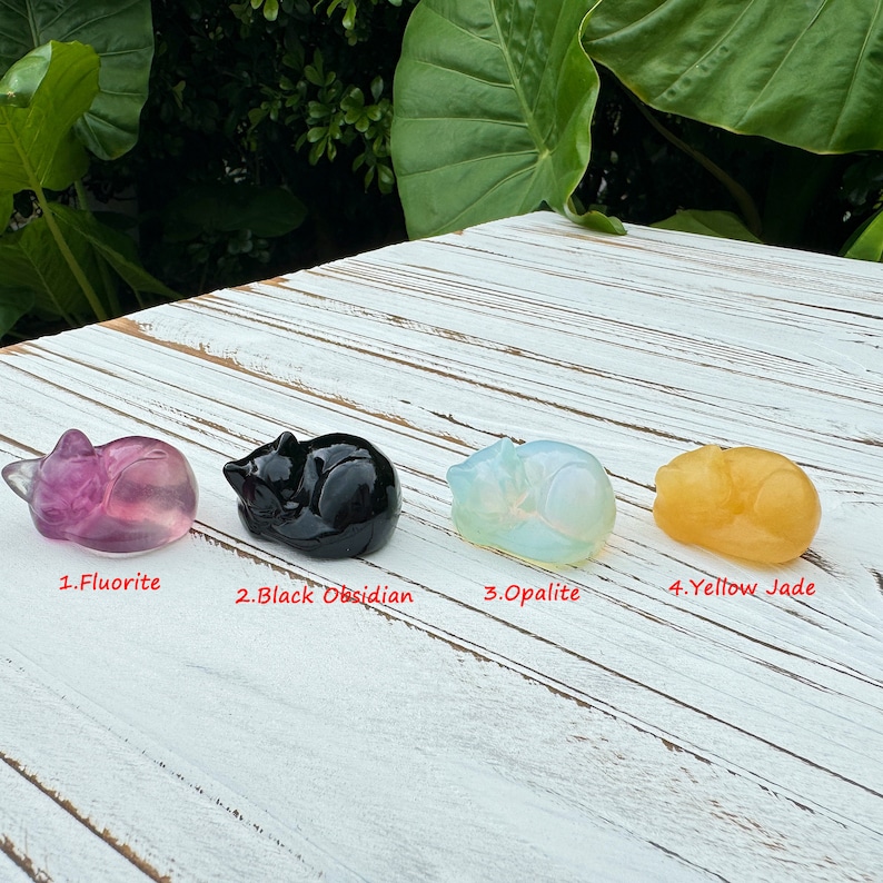 Pu&ograve; includere: Quattro figurine di gatto che dormono scolpite in diversi tipi di pietre preziose. Da sinistra a destra: Fluorite, Ossidiana nera, Opalite e Giada gialla.