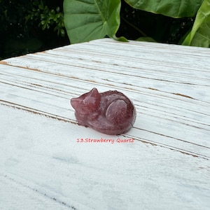 Pu&ograve; includere: Un gatto rosa e bianco addormentato scolpito in quarzo fragola. Il gatto &egrave; sdraiato sul fianco con la testa appoggiata sulle zampe. Il gatto &egrave; lungo circa 5 cm. 13.Quarzo fragola