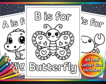 A-Z of Cute Animals, Printable Coloring Pages, 26 Pages, A4 & US Size, PDF, Print Ready, For Teachers, Kids, Educational, Crazy Coloring Fun