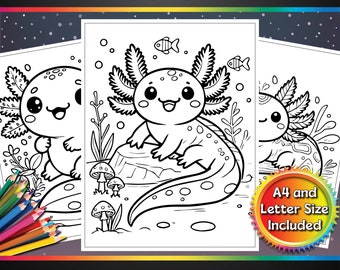 Coloriages imprimables d'Axolotl Adventures, 5 pages, format A4 et lettre, PDF, prêt à imprimer, pour les enfants, livre de coloriage, amusants à colorier