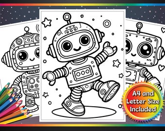 May include: Black and white coloring pages featuring cute robot designs. The pages include the text "CRAZY COLORING FUN" and "5 Cute Robot Coloring Pages". The image also includes the text "A4 and Letter Size Included".