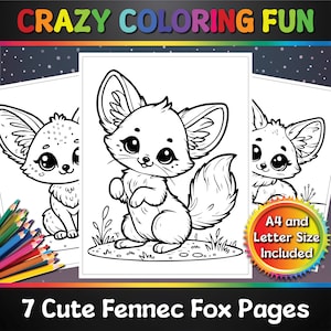 Süße Fennek Füchse Printable Malvorlagen, 7 Seiten, A4 und Letter Größe, PDF, fertig zum Drucken, für Kinder, Malbuch, verrückter Malspaß
