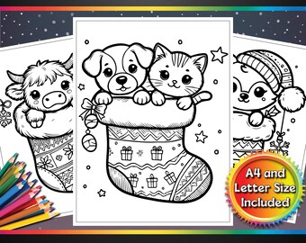May include: A set of 14 black and white coloring pages featuring cute animals in Christmas stockings. The pages are designed for stocking stuffers and include A4 and letter size options. "Crazy Coloring Fun" is written at the top of the image.