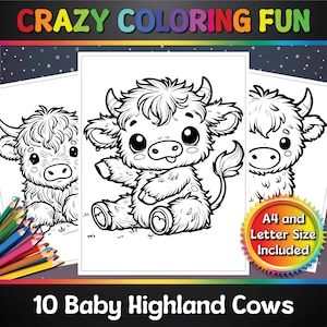 Baby Highland Cow Printable Coloring Pages, 10 Pages, A4 & Letter Size, PDF, Ready to Print, For Kids, Coloring Book, Crazy Coloring Fun