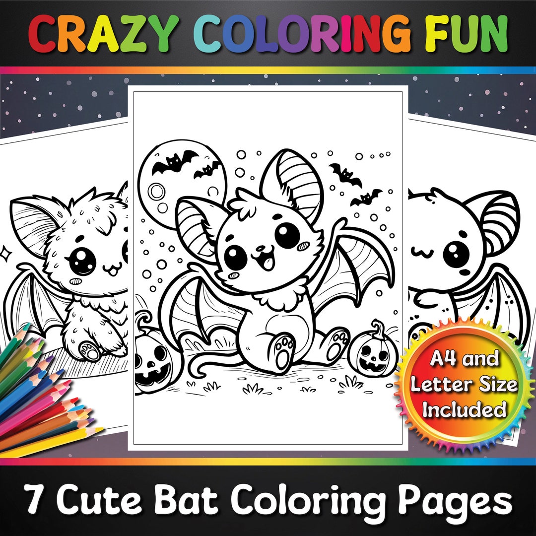 Cute Bat Printable Coloring Pages, 7 Pages, A4 &amp; Letter Size, PDF ...