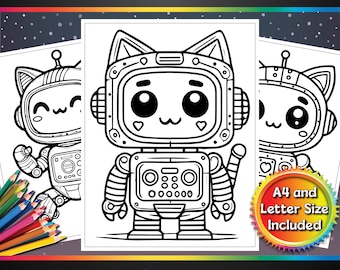 Cute Robot Cat Printable Coloring Pages, 5 Pages, A4 & Letter Size, PDF, Ready to Print, For Kids, Coloring Book, Crazy Coloring Fun
