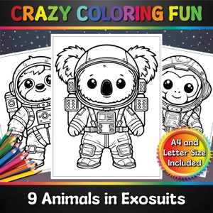 Animales en Exosuits Páginas para colorear imprimibles, 9 páginas, tamaño A4 y carta, PDF, listo para imprimir, para niños, libro para colorear, diversión loca para colorear