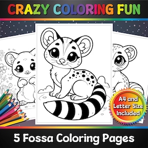 Fossa Adventures Printable Coloring Pages, 5 Pages, A4 & Letter Size, PDF, Ready to Print, For Kids, Coloring Book, Crazy Coloring Fun