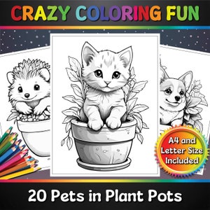 Mascotas en macetas, páginas para colorear imprimibles, 20 páginas, tamaño A4 y carta, PDF, listo para imprimir, para niños, libro para colorear, diversión loca para colorear