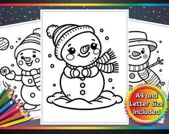 May include: A set of 10 black and white colouring pages featuring cute snowman illustrations. The pages are designed for children to colour and are available in A4 and letter size.