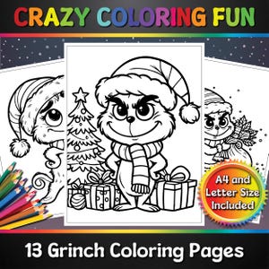 Peut inclure: Un ensemble de 13 pages à colorier en noir et blanc représentant le Grinch, un sapin de Noël et des cadeaux. Le texte "13 Grinch Coloring Pages" est en bas de l'image. Le texte "A4 and Letter Size Included" est dans un cercle coloré en bas à droite de l'image.