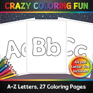 Letras de la A a la Z, páginas para colorear imprimibles, 27 páginas, tamaño A4 y carta, PDF, listas para imprimir, para maestros, niños, preescolar, material educativo para imprimir