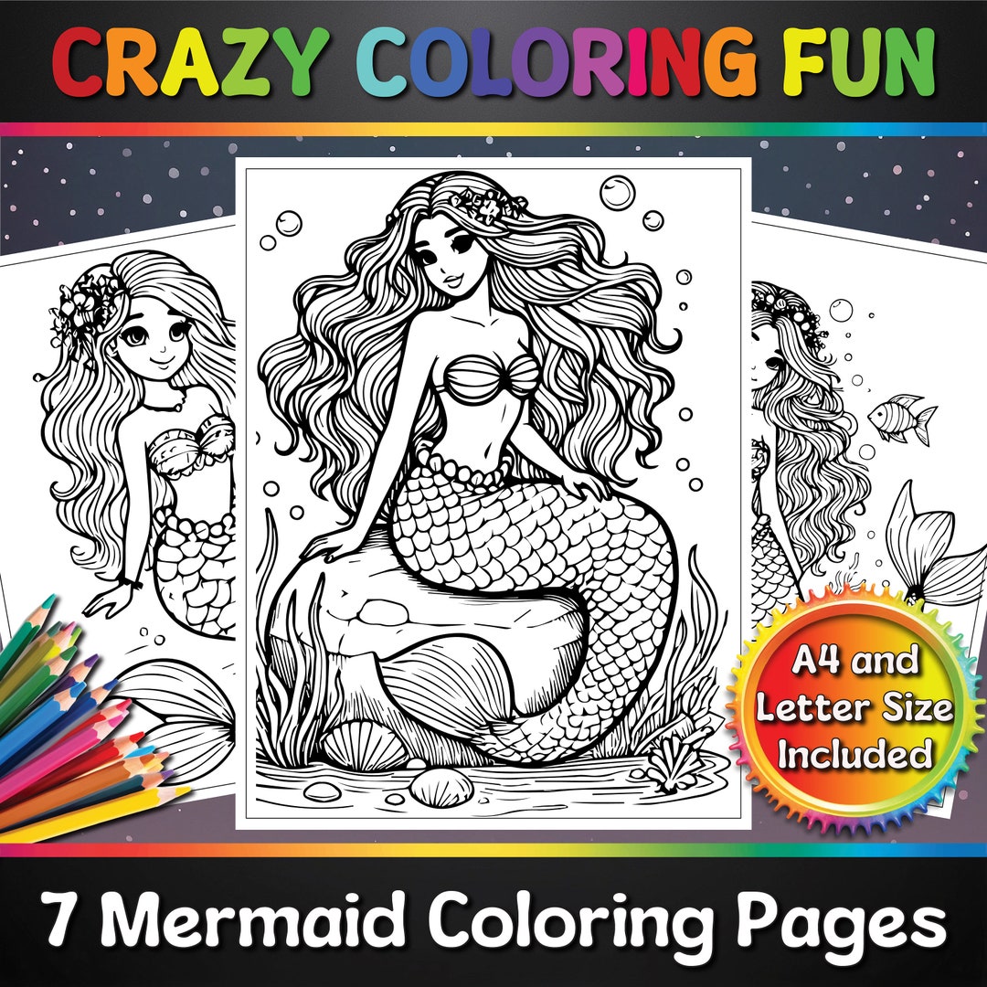 Mermaid Adventures Printable Coloring Pages, 7 Pages, A4 & Letter Size ...