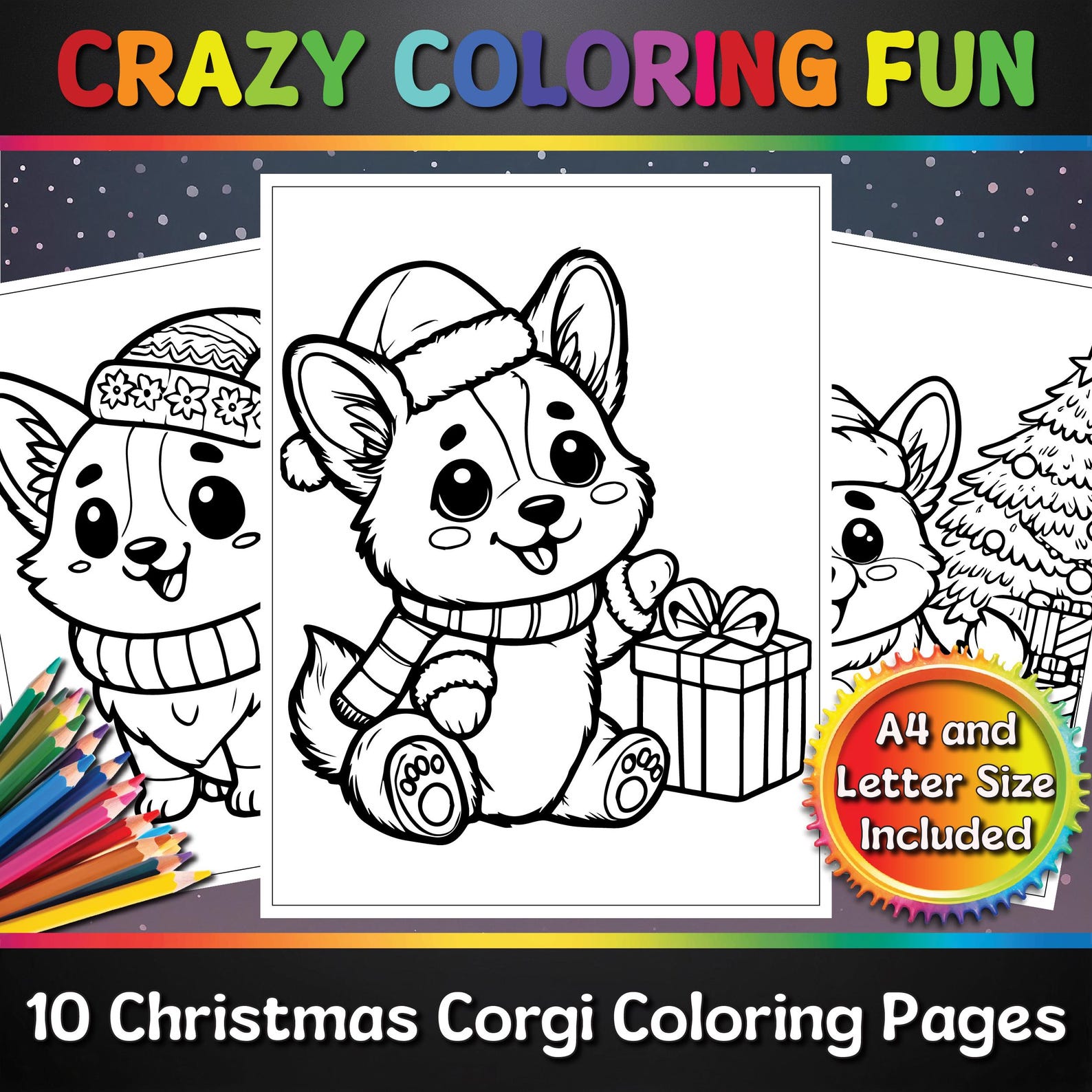 Cute Christmas Printable Coloring Pages, 10 Pages, A4 & Letter